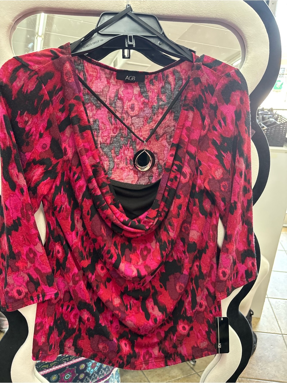 AGB Fuchsia & Black Draped Cowl Neck Blouse